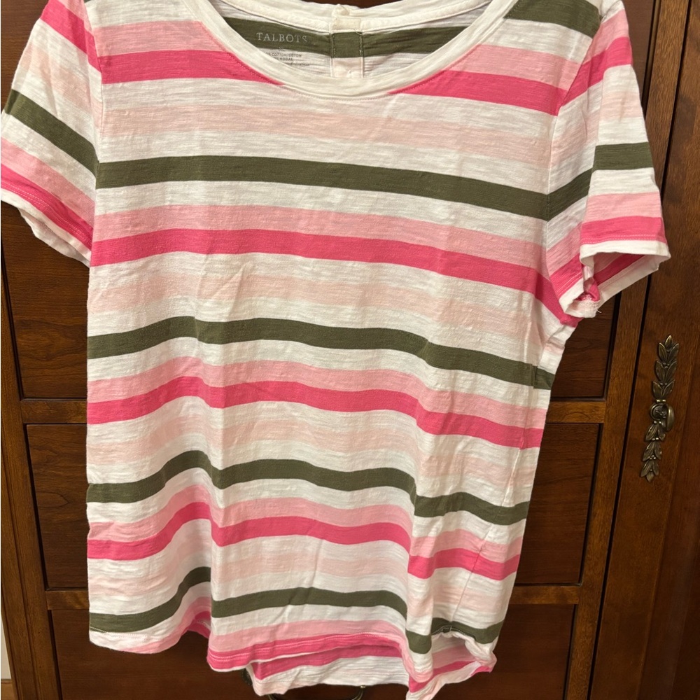 Talbots Short Sleeve Pink and Green Striped Tee, Button Embellishment on Back